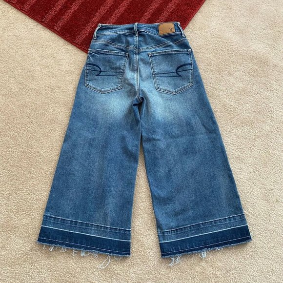 American Eagle Super Stretch 00R Festival Crop Wide Leg Jeans Raw Fringe Hems - Picture 5 of 9